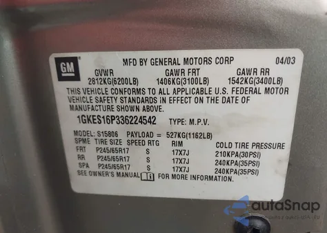 2003 GMC Envoy Xl Slt z USA, uszkodzony, nr VIN 1GKES16P336224542